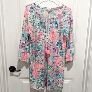Lilly Pulitzer Floral Dress Womens Med  Pink Blue Coral Print Bell Sleeve